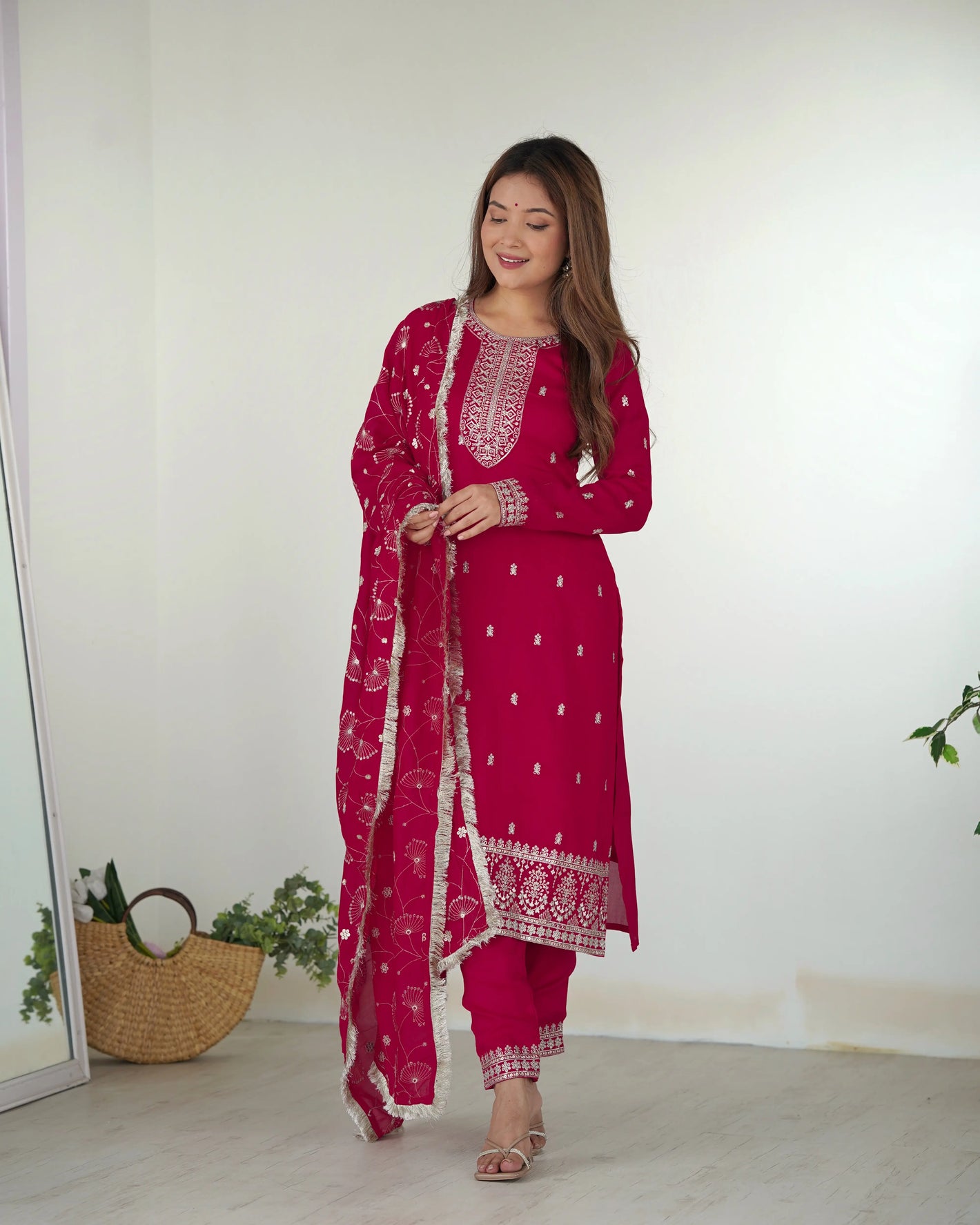 Blooming Rangoli Silk Embroidered Suit Set with Vichitra Silk Dupatta