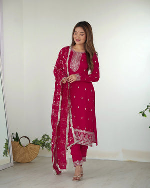 Blooming Rangoli Silk Embroidered Suit Set with Vichitra Silk Dupatta