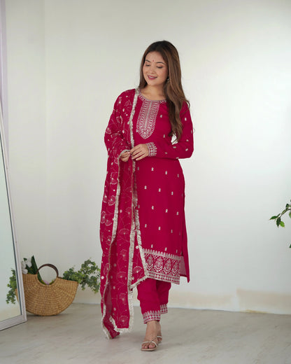 Blooming Rangoli Silk Embroidered Suit Set with Vichitra Silk Dupatta