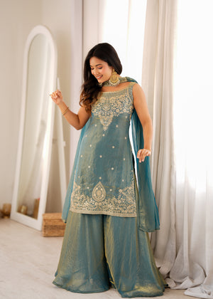 Teal Shimmer Silk Sharara Set with Zari Work