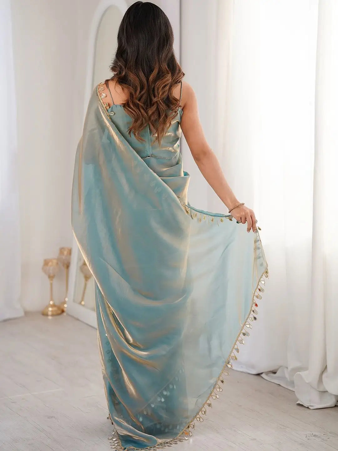 Ice Blue Mirrorwork Satin Saree