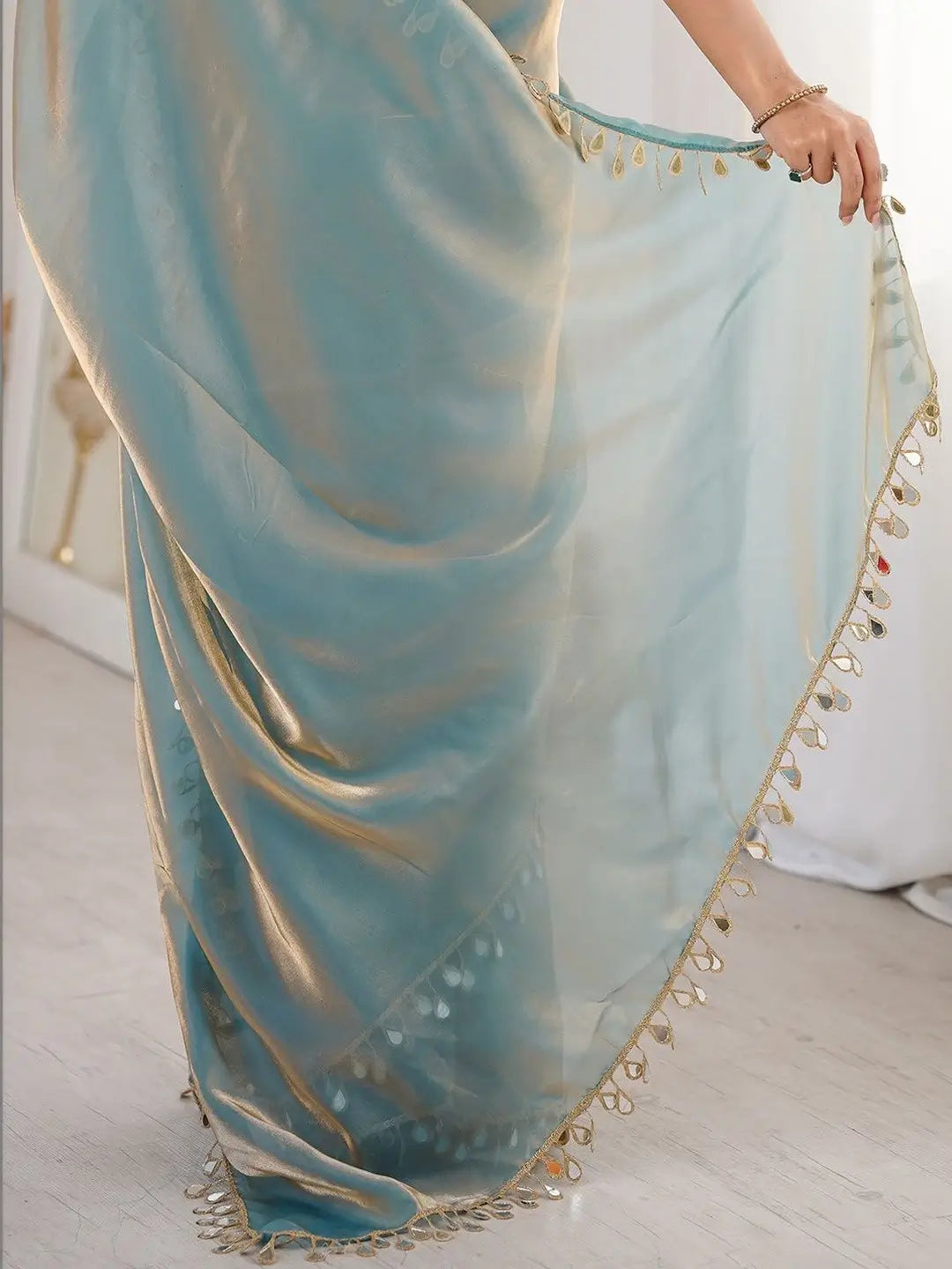 Ice Blue Mirrorwork Satin Saree