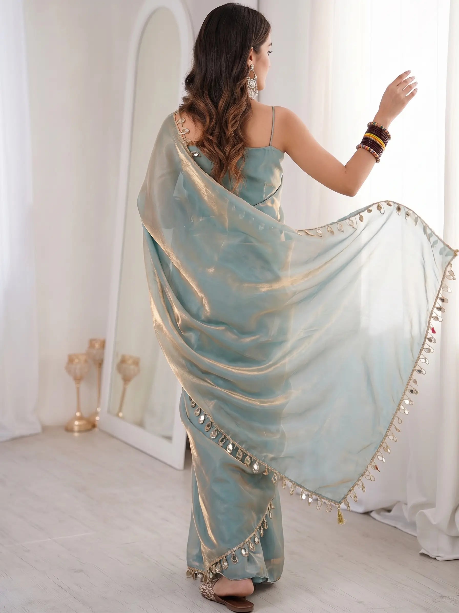 Ice Blue Mirrorwork Satin Saree