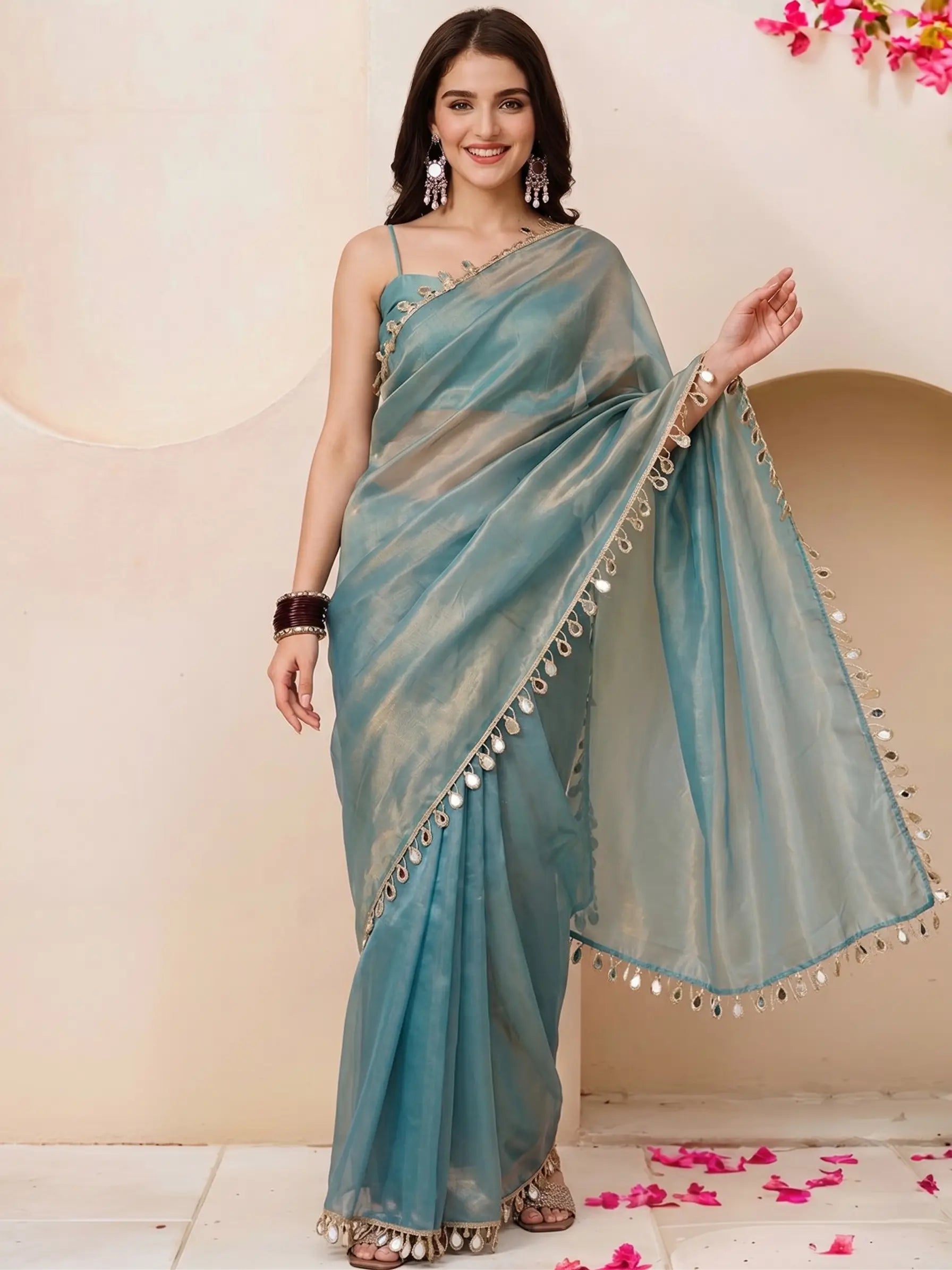 Ice Blue Mirrorwork Satin Saree