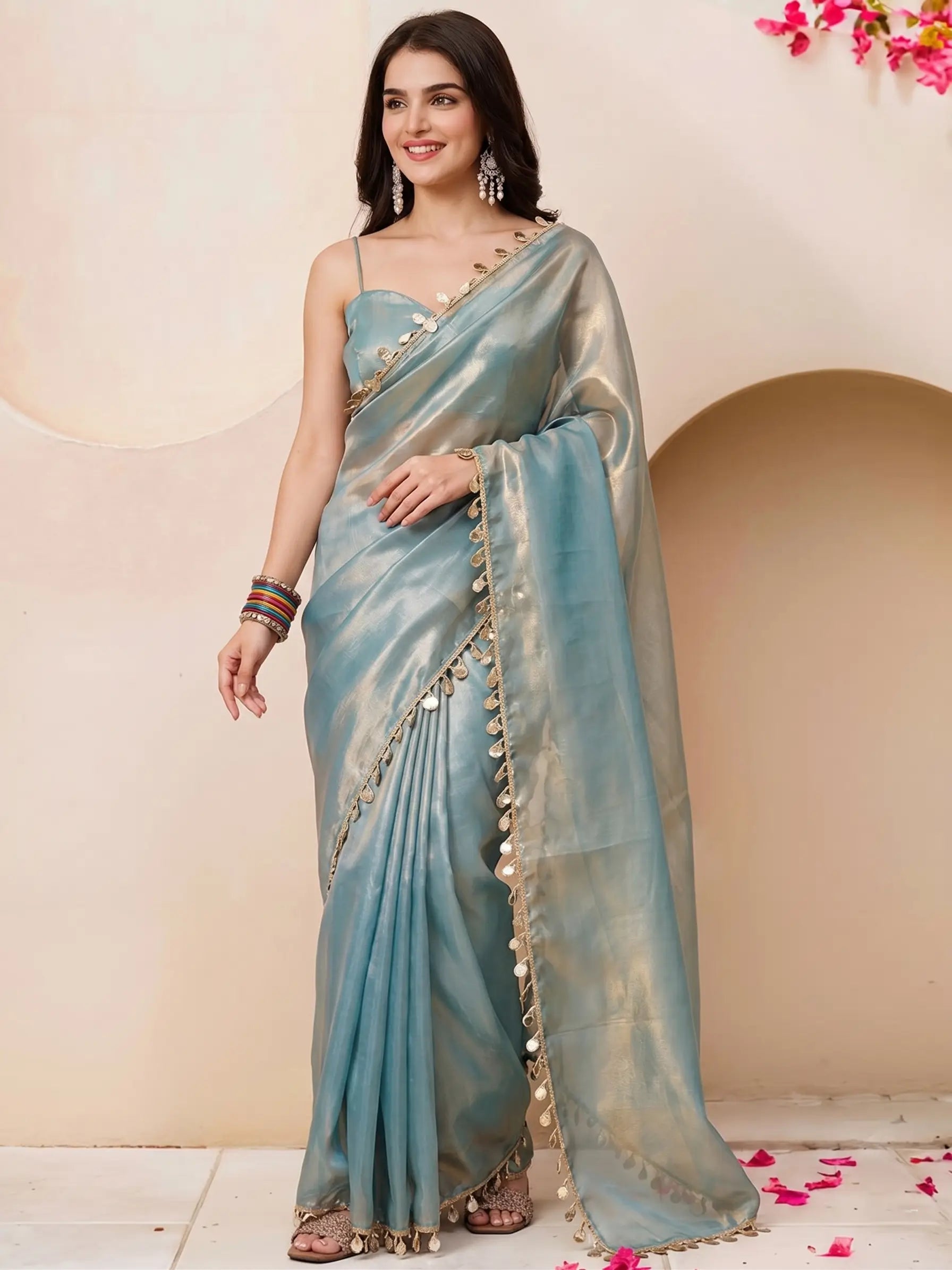Ice Blue Mirrorwork Satin Saree