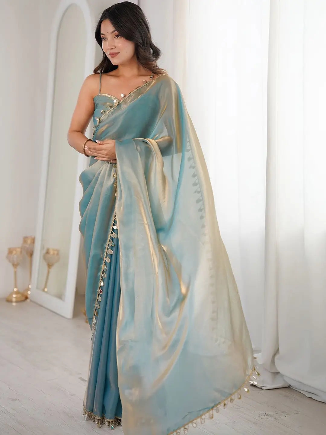 Ice Blue Mirrorwork Satin Saree