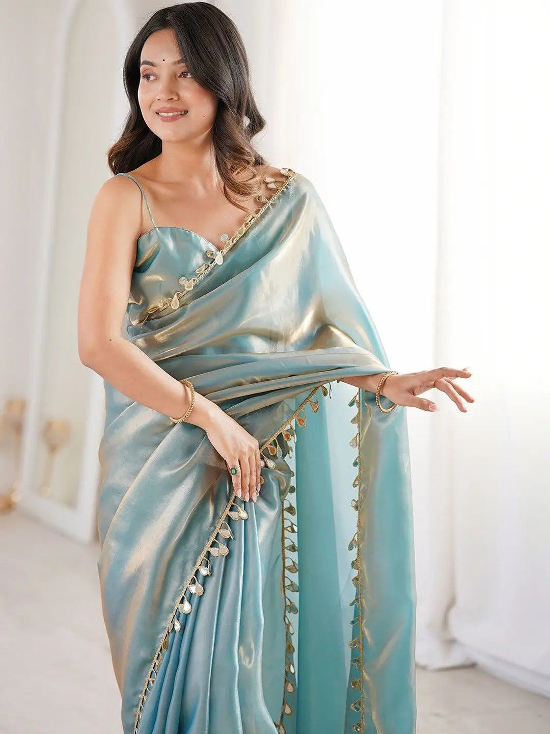 Ice Blue Mirrorwork Satin Saree