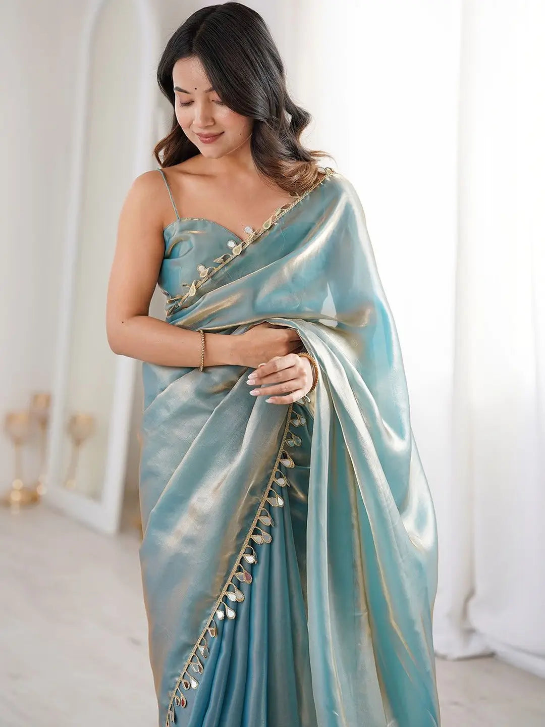Ice Blue Mirrorwork Satin Saree