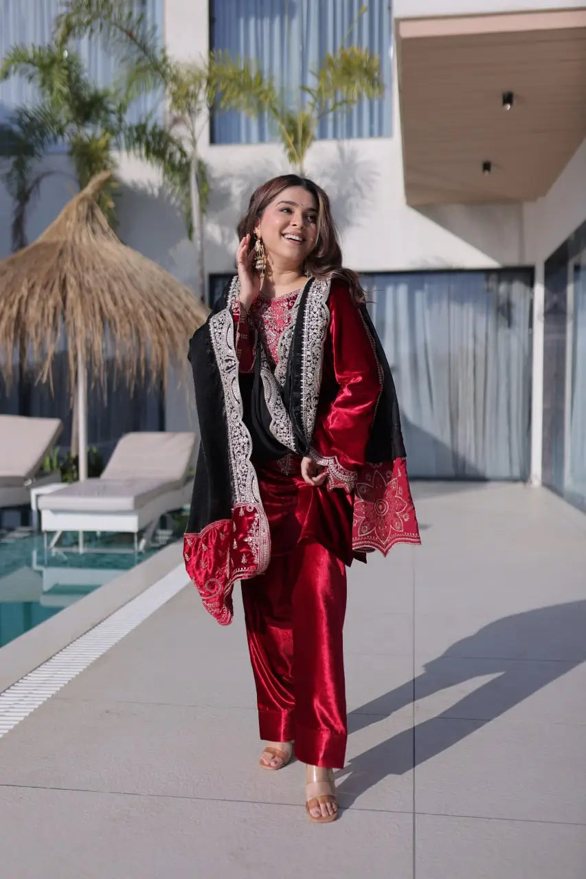 Ice Velvet Zari Embroidered Kurta Palazzo Set With Dupatta