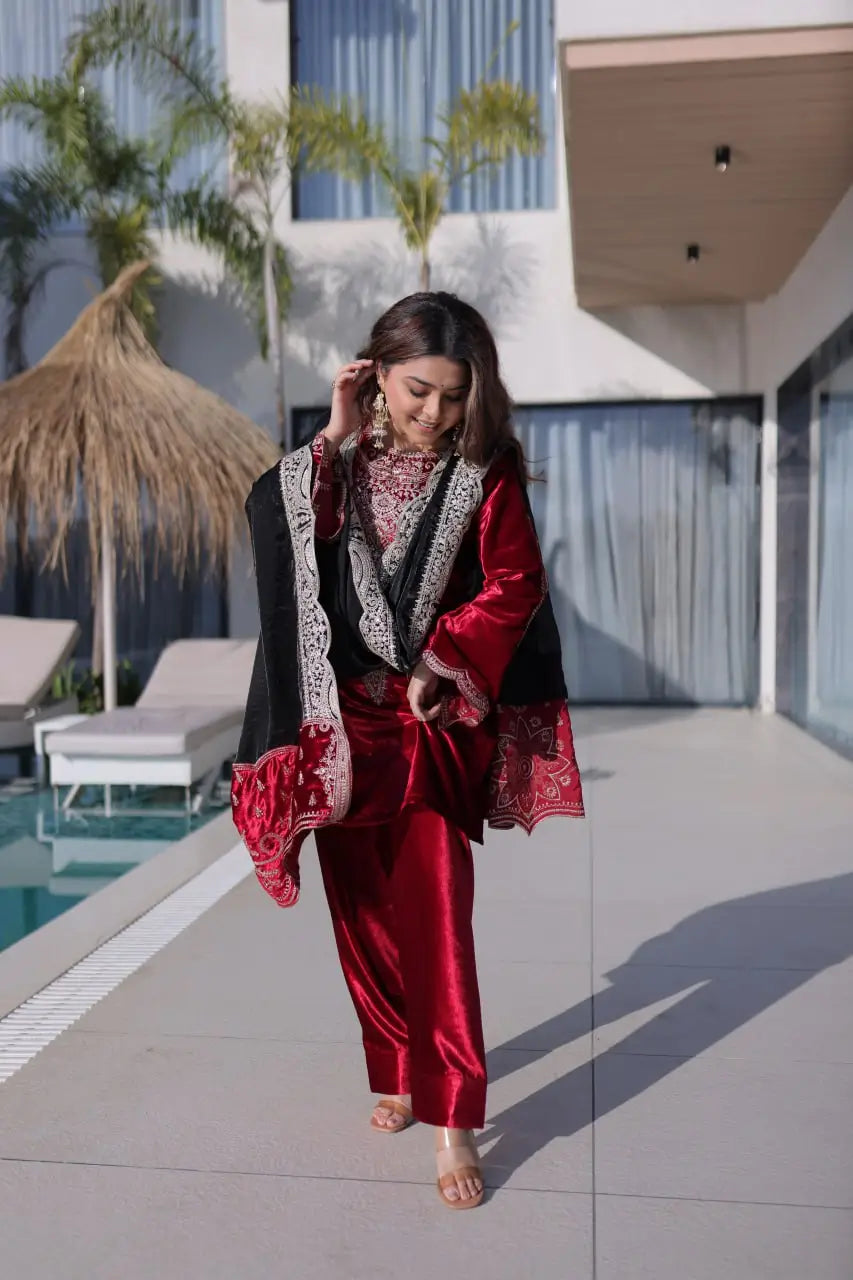 Ice Velvet Zari Embroidered Kurta Palazzo Set With Dupatta