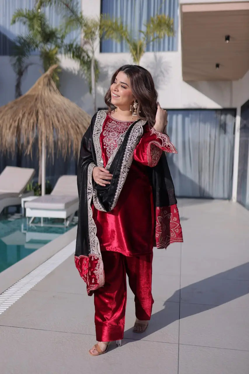 Ice Velvet Zari Embroidered Kurta Palazzo Set With Dupatta