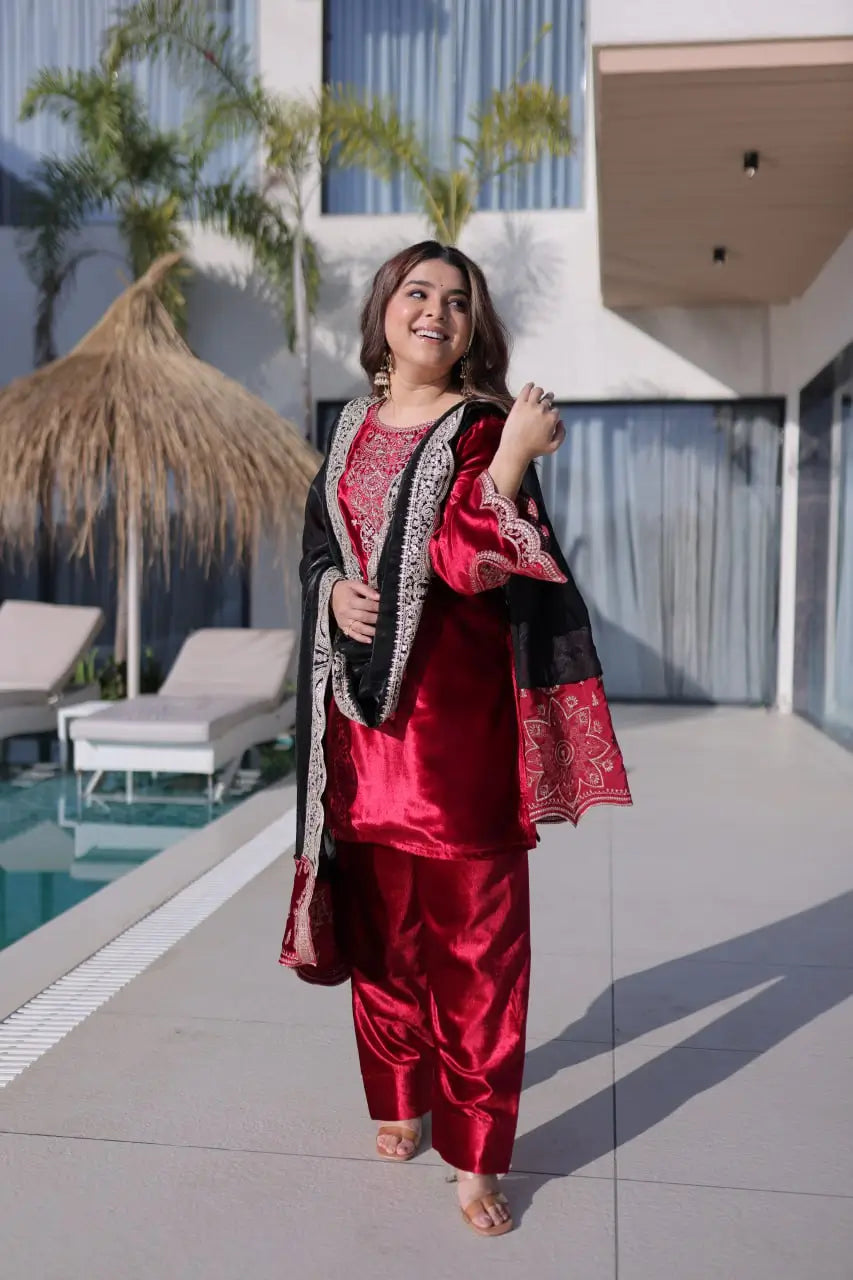 Ice Velvet Zari Embroidered Kurta Palazzo Set With Dupatta