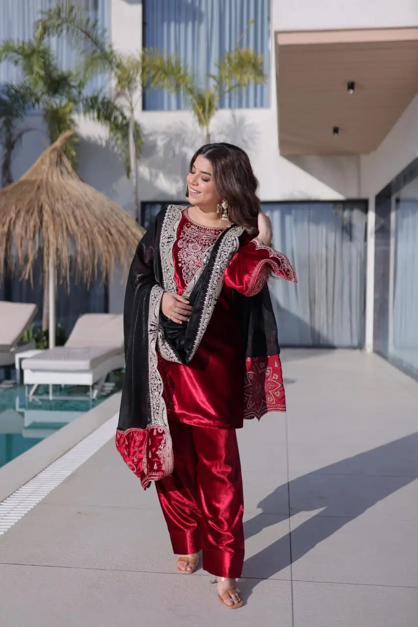 Ice Velvet Zari Embroidered Kurta Palazzo Set With Dupatta
