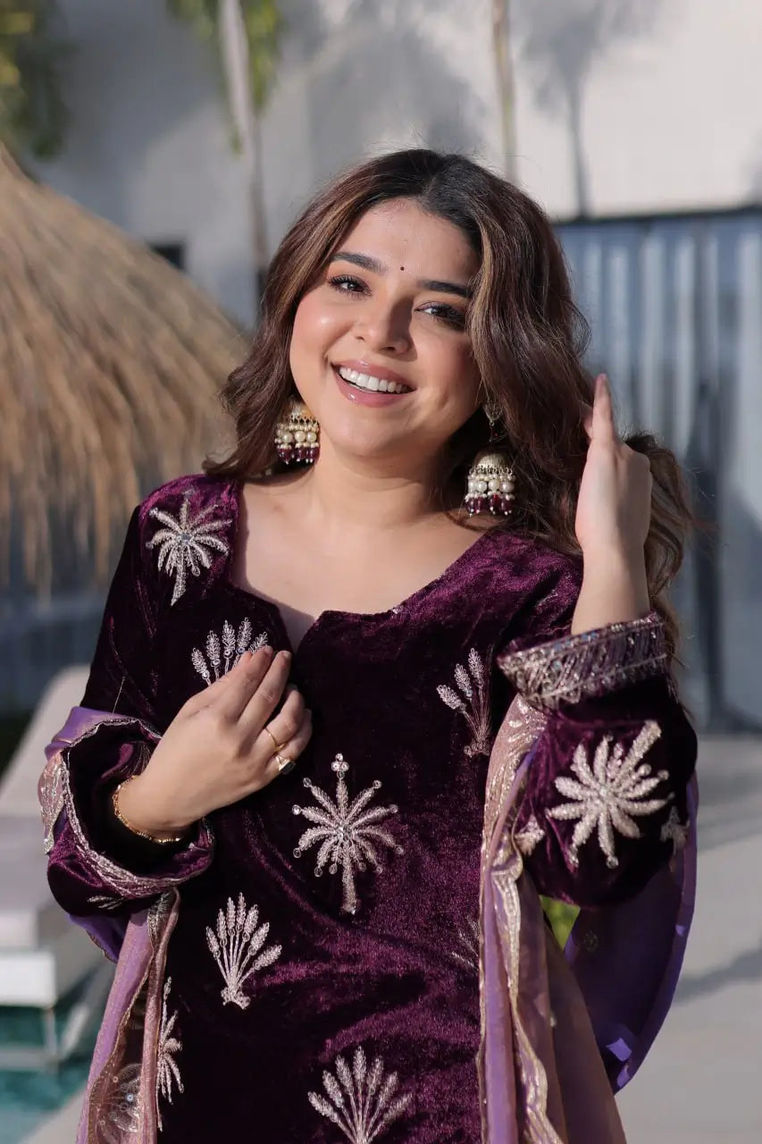 Ice Velvet Zari Embroidered Kurta Palazzo Set With Dupatta