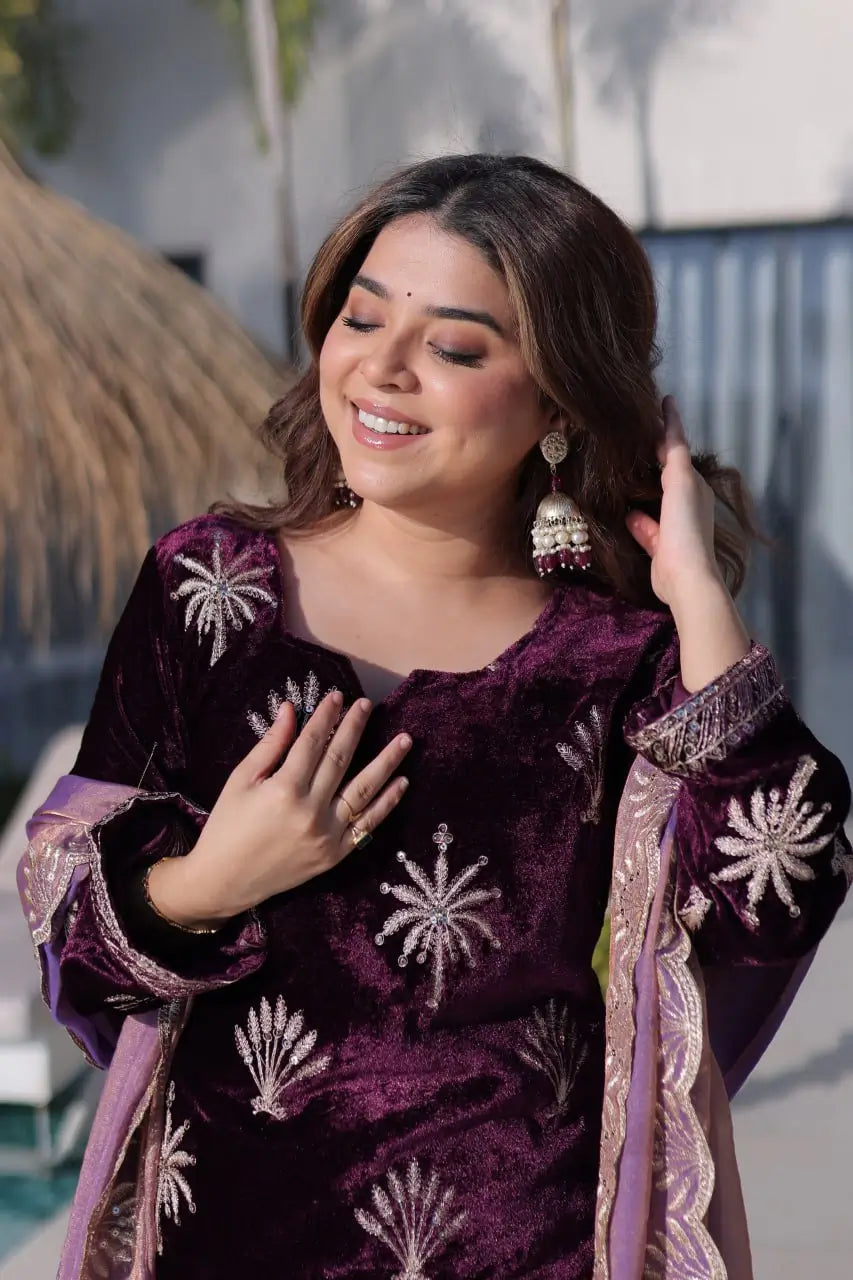 Ice Velvet Zari Embroidered Kurta Palazzo Set With Dupatta