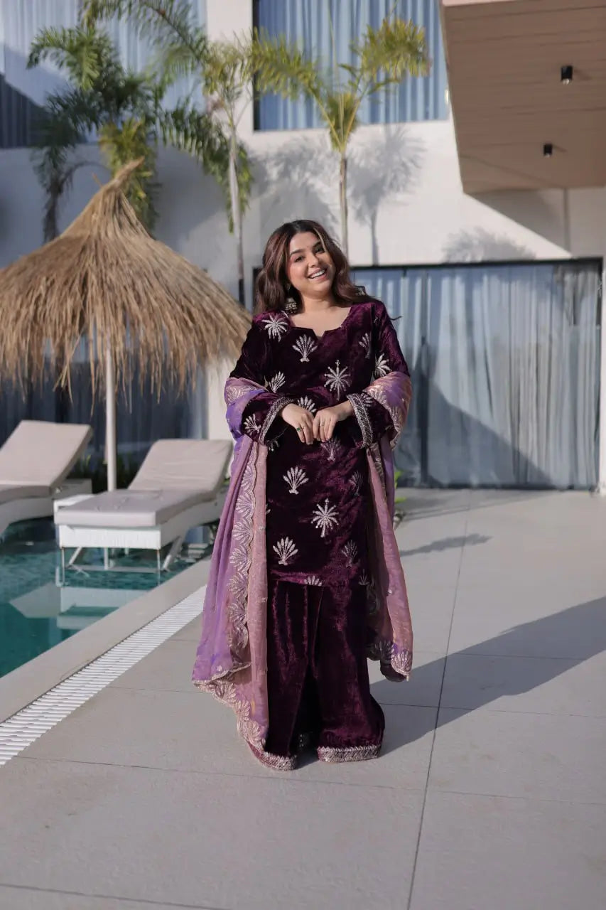 Ice Velvet Zari Embroidered Kurta Palazzo Set With Dupatta