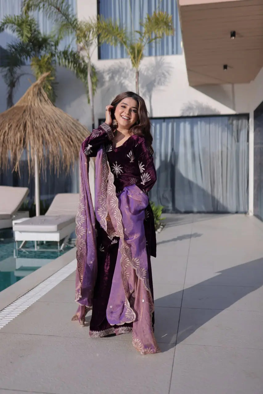Ice Velvet Zari Embroidered Kurta Palazzo Set With Dupatta