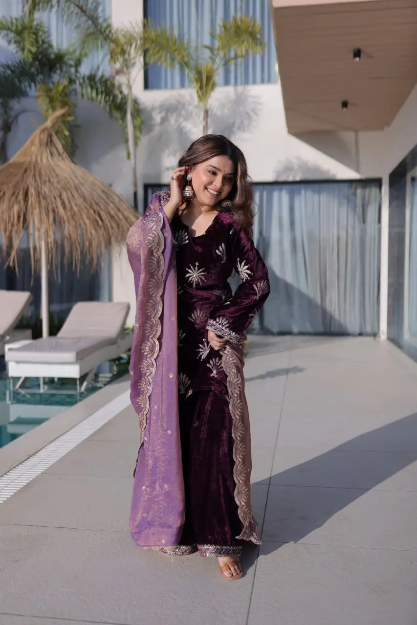 Ice Velvet Zari Embroidered Kurta Palazzo Set With Dupatta