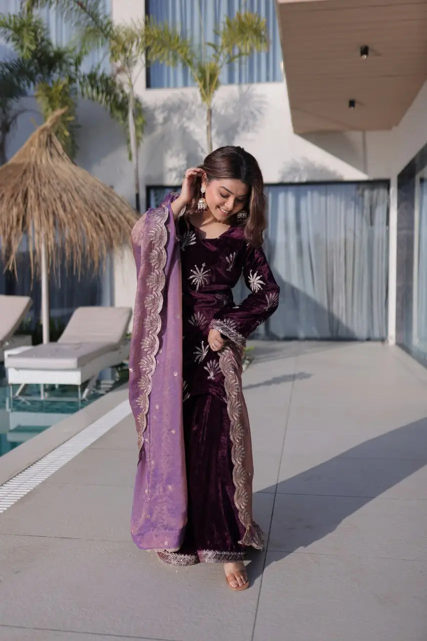 Ice Velvet Zari Embroidered Kurta Palazzo Set With Dupatta