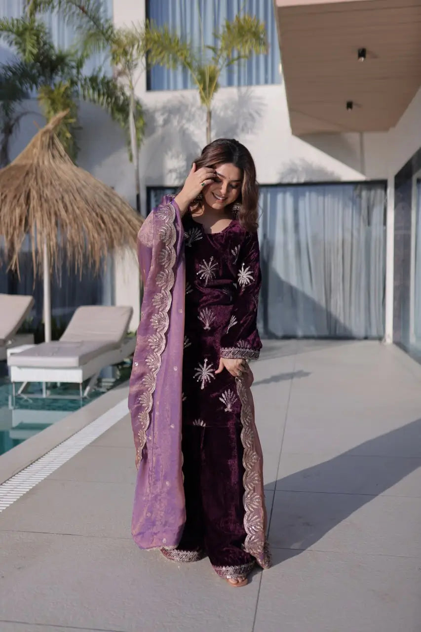 Ice Velvet Zari Embroidered Kurta Palazzo Set With Dupatta