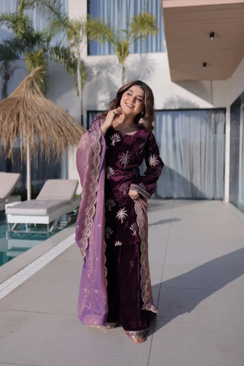 Ice Velvet Zari Embroidered Kurta Palazzo Set With Dupatta