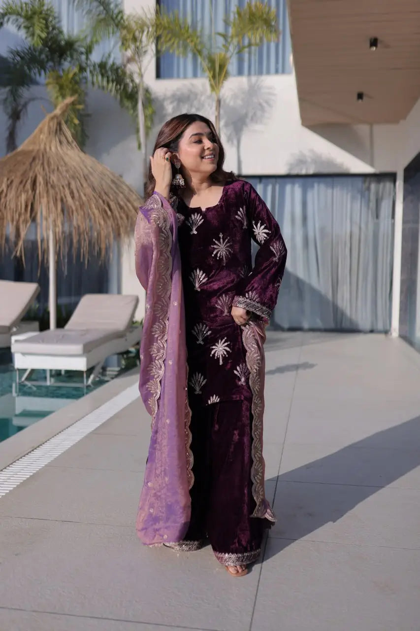Ice Velvet Zari Embroidered Kurta Palazzo Set With Dupatta