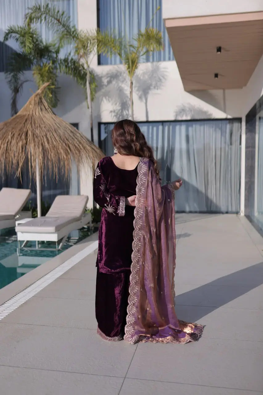 Ice Velvet Zari Embroidered Kurta Palazzo Set With Dupatta