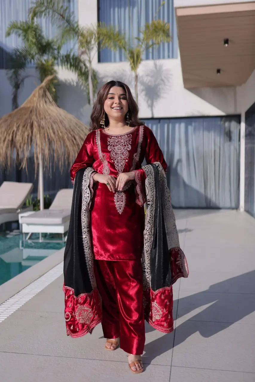 Ice Velvet Zari Embroidered Kurta Palazzo Set With Dupatta