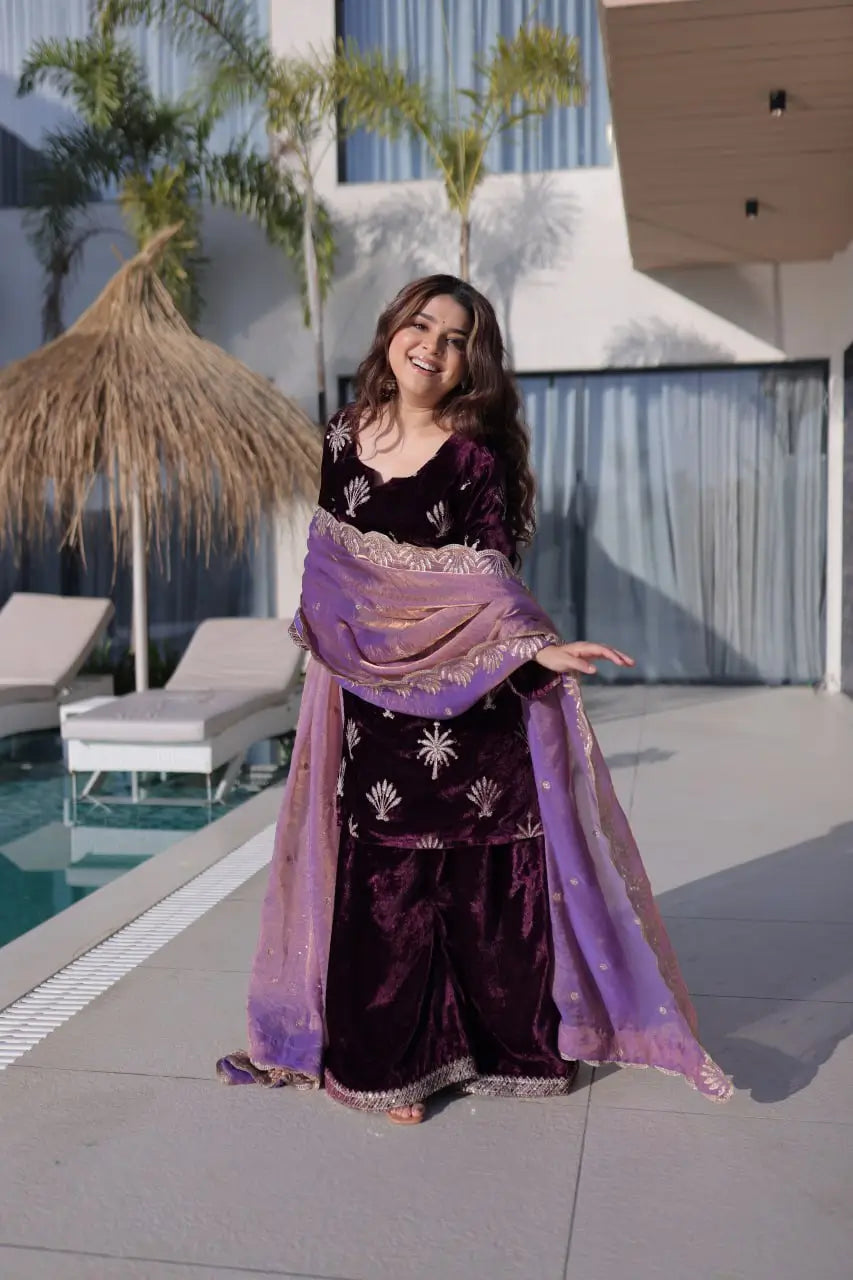 Ice Velvet Zari Embroidered Kurta Palazzo Set With Dupatta