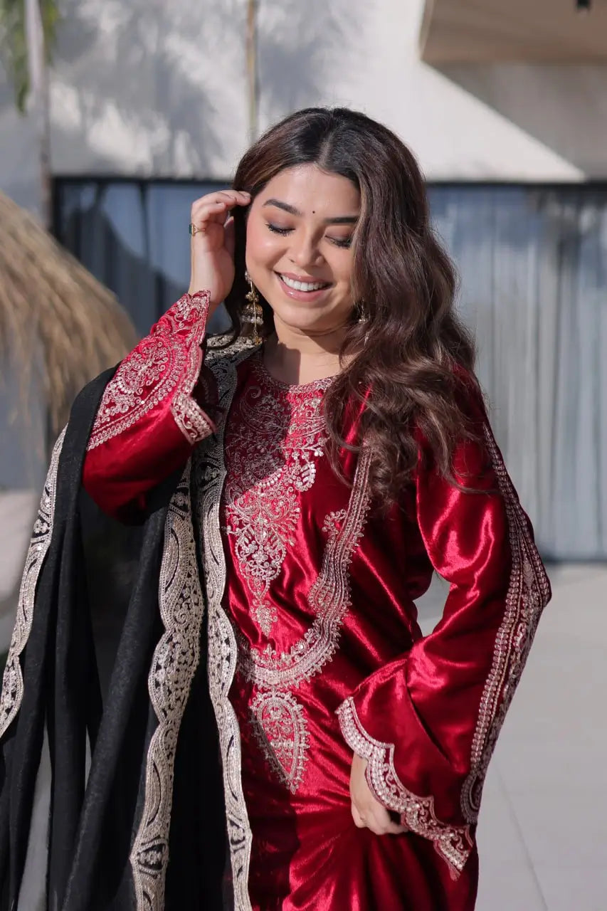 Ice Velvet Zari Embroidered Kurta Palazzo Set With Dupatta