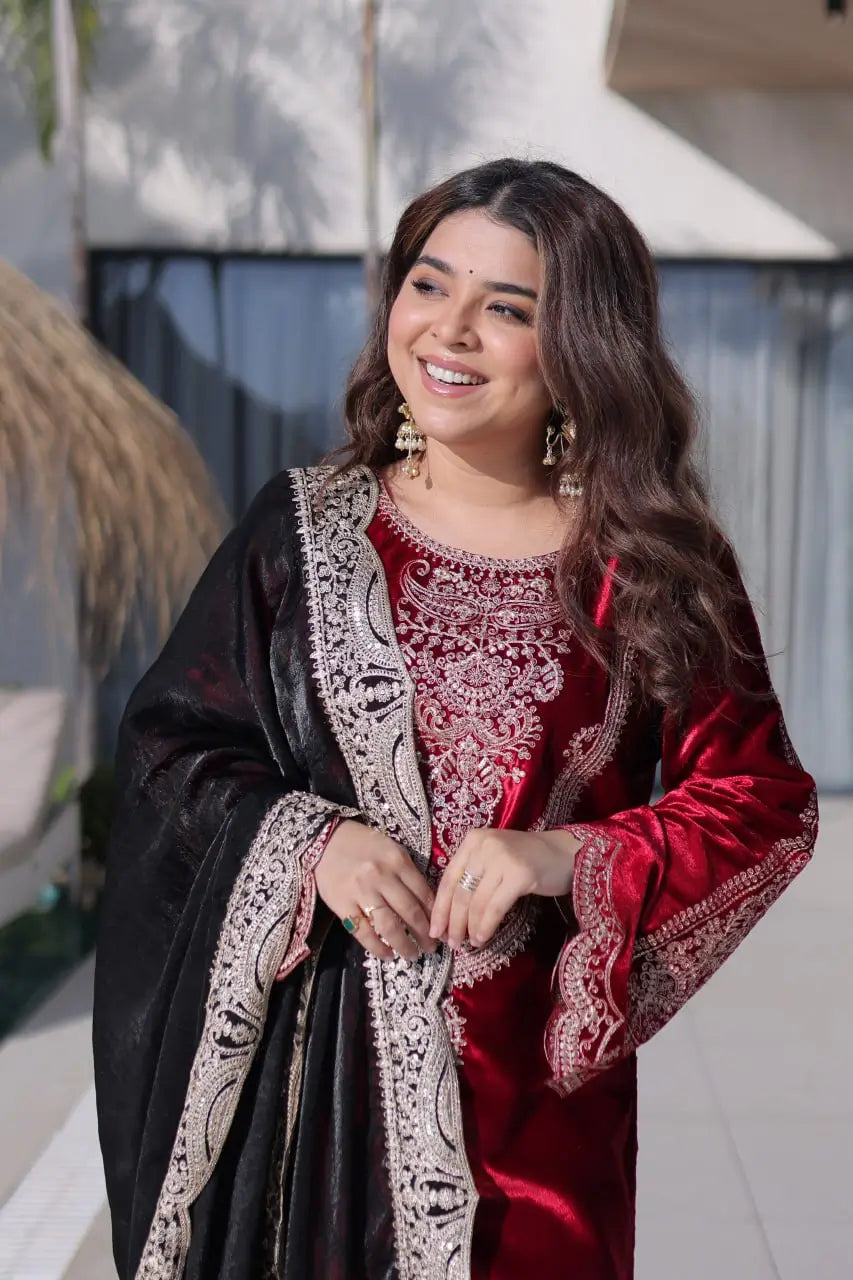 Ice Velvet Zari Embroidered Kurta Palazzo Set With Dupatta