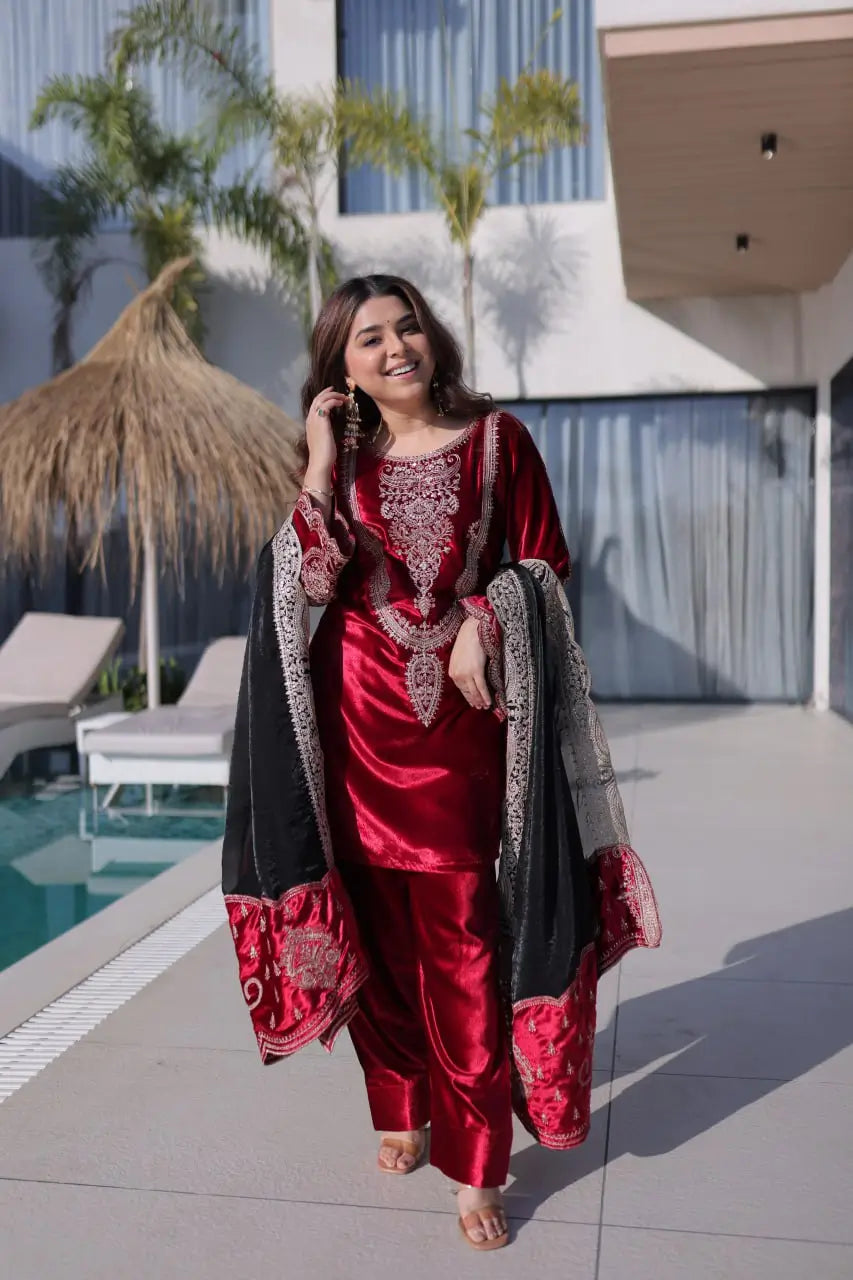 Ice Velvet Zari Embroidered Kurta Palazzo Set With Dupatta