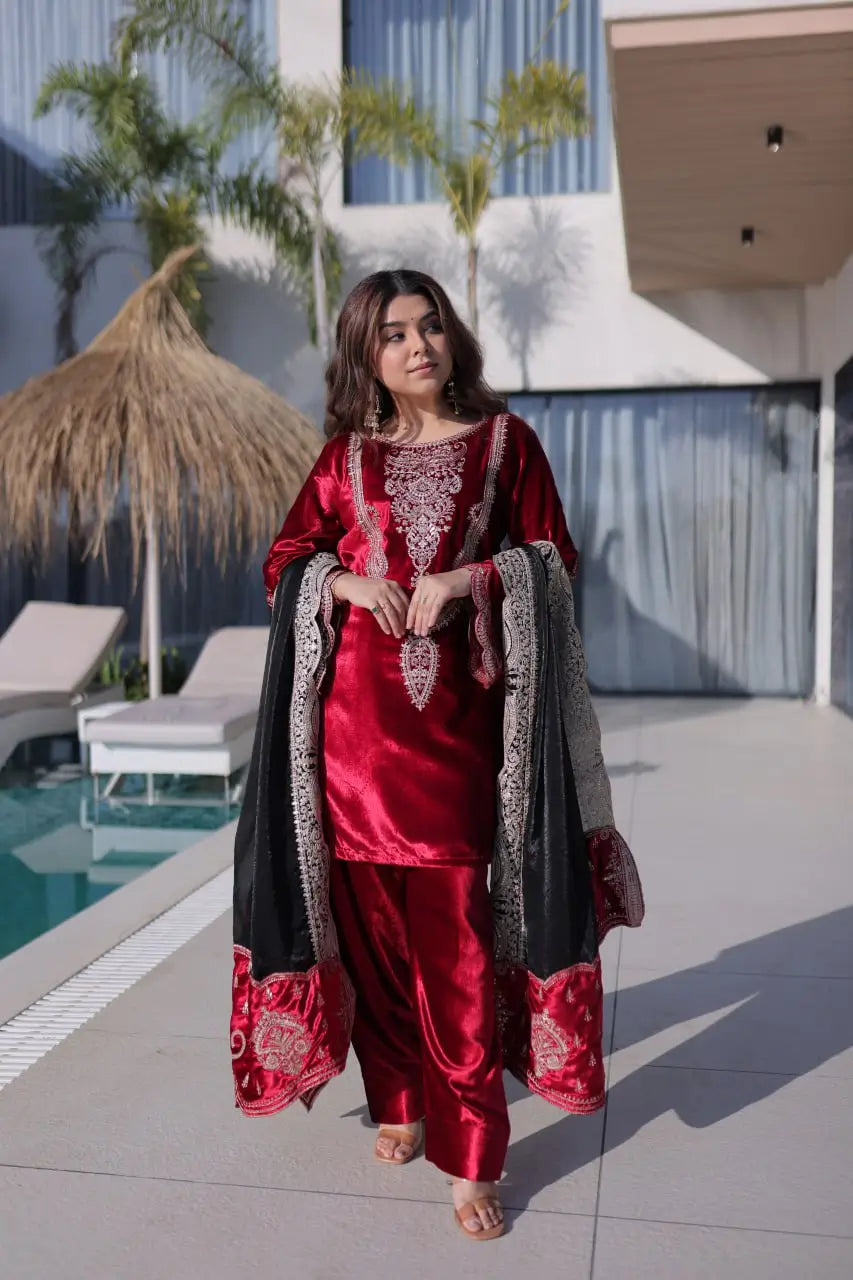 Ice Velvet Zari Embroidered Kurta Palazzo Set With Dupatta