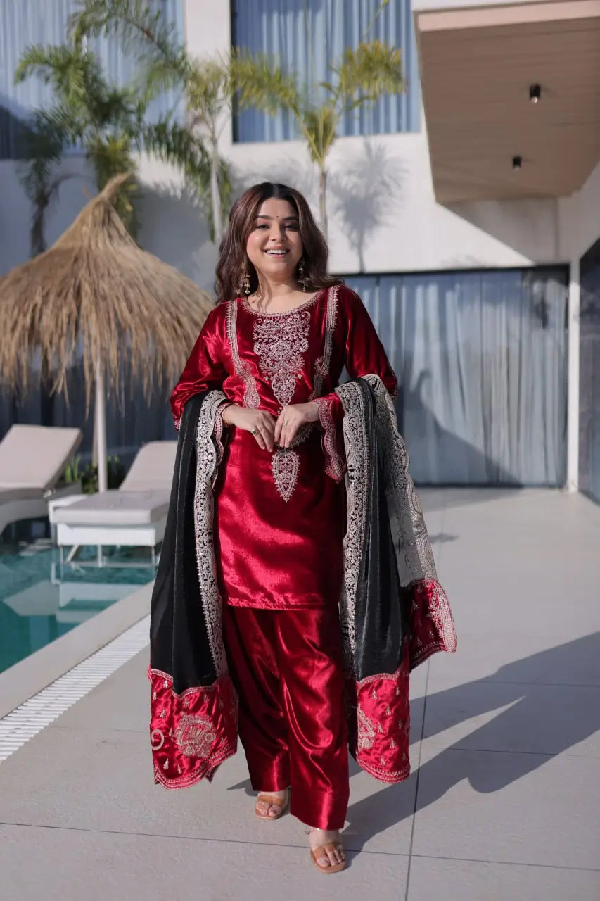 Ice Velvet Zari Embroidered Kurta Palazzo Set With Dupatta