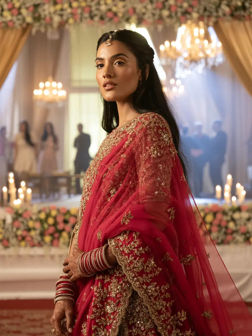 Woman in traditional red and gold embroidered outfit in a decorated indoor setting