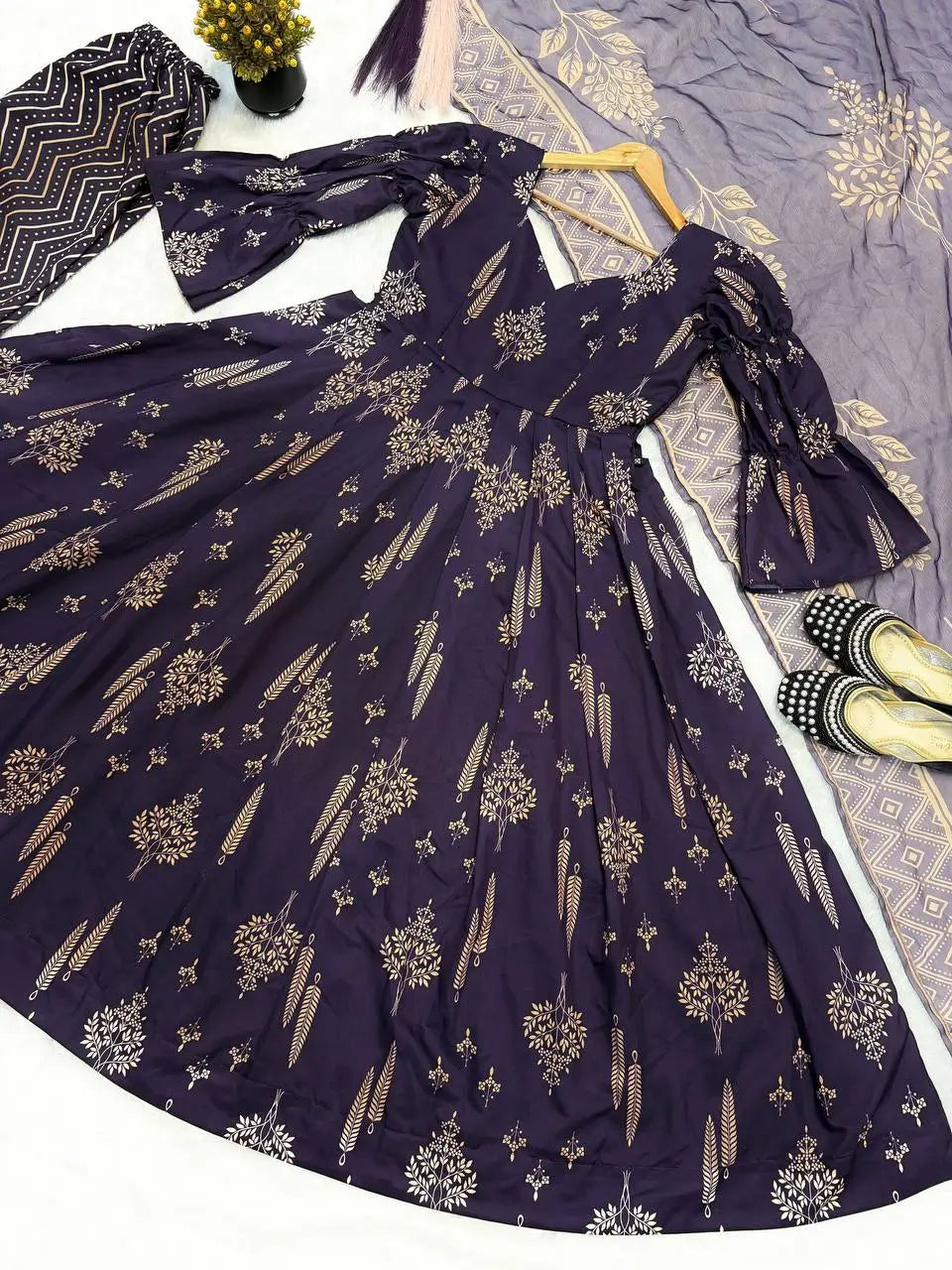 Indigo Digital Print Anarkali with Puff Sleeves