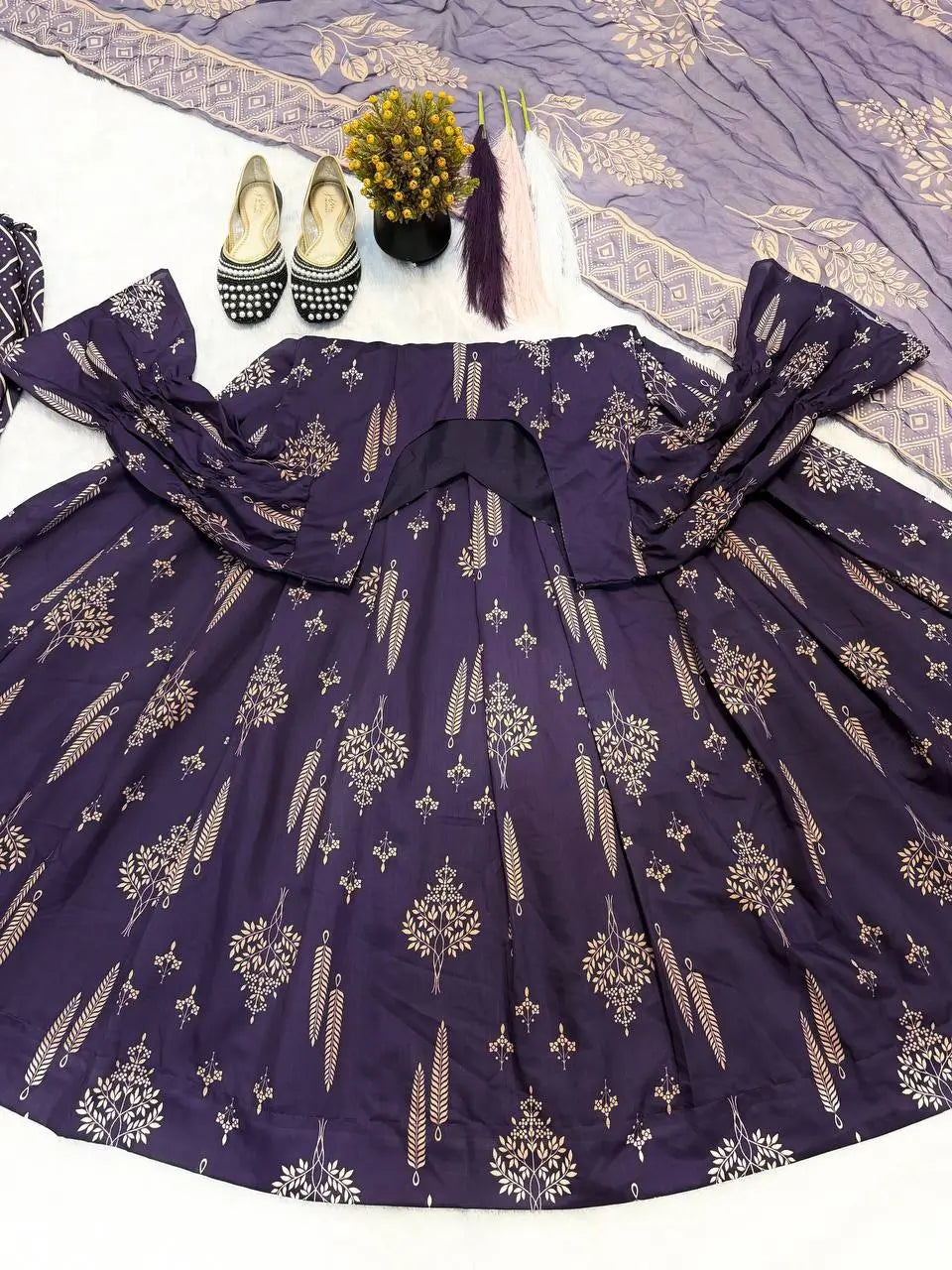 Indigo Digital Print Anarkali with Puff Sleeves
