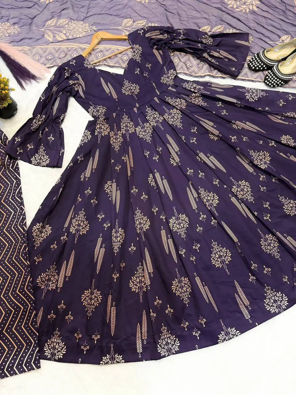 Indigo Digital Print Anarkali with Puff Sleeves