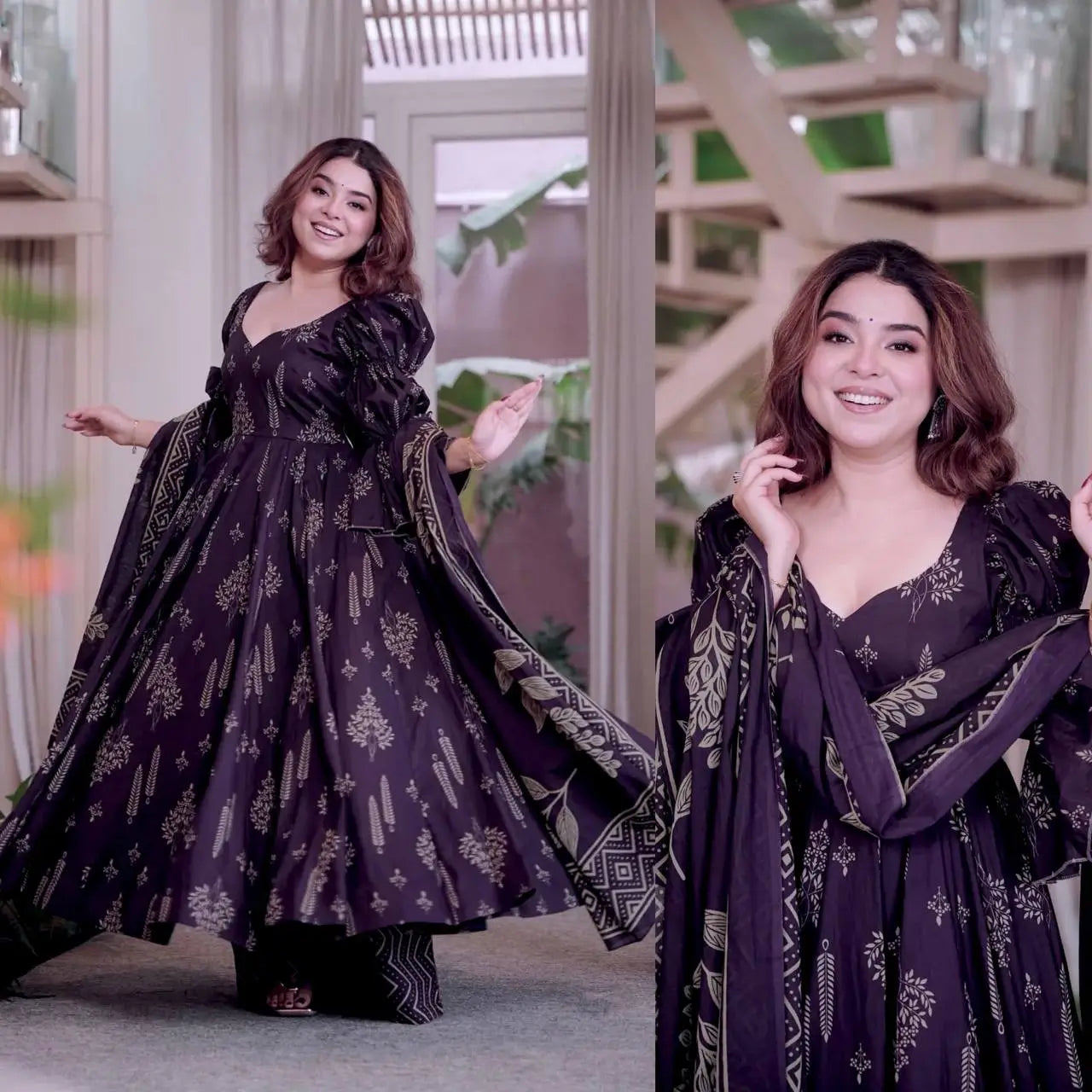 Indigo Digital Print Anarkali with Puff Sleeves