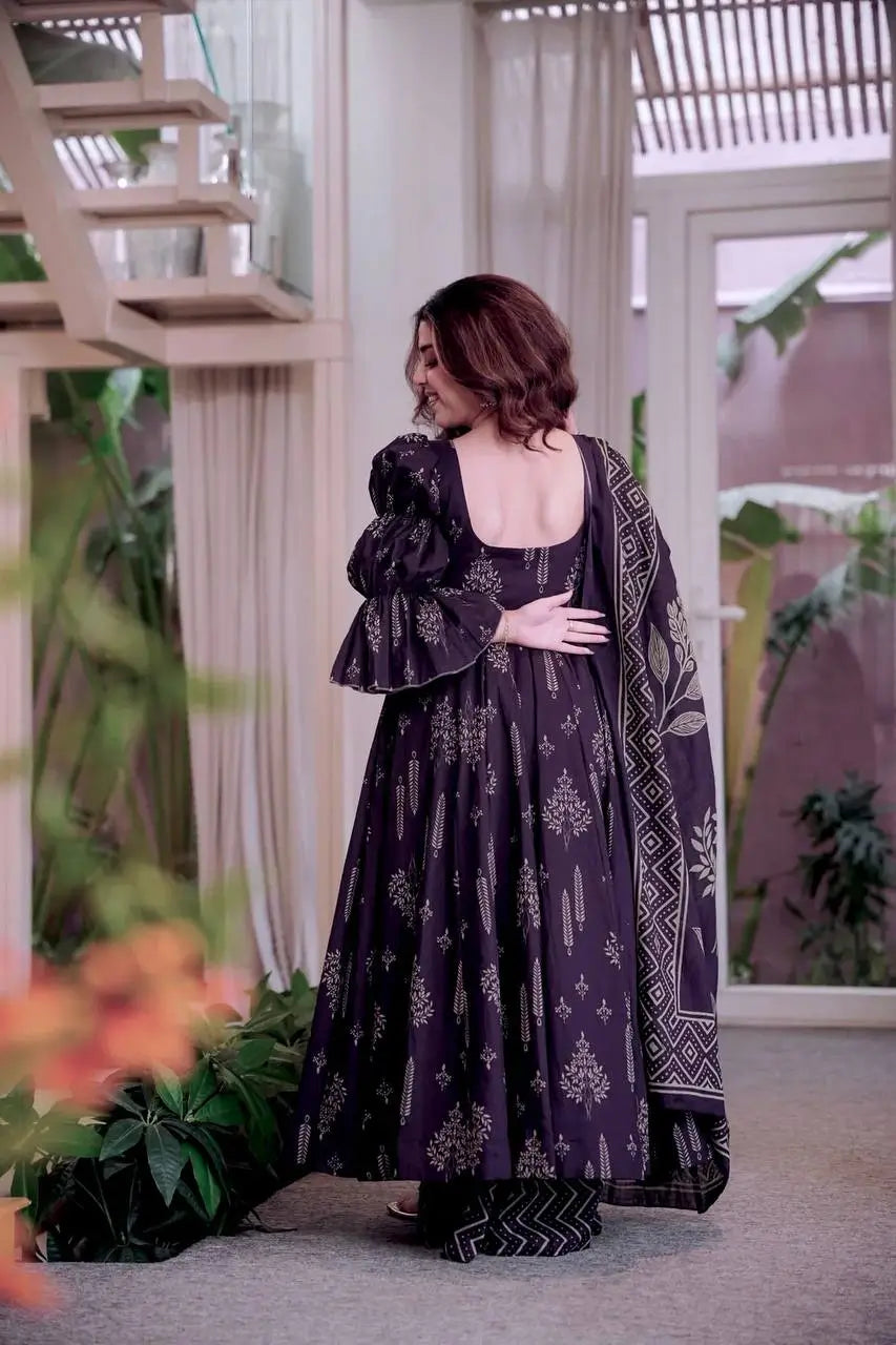 Indigo Digital Print Anarkali with Puff Sleeves