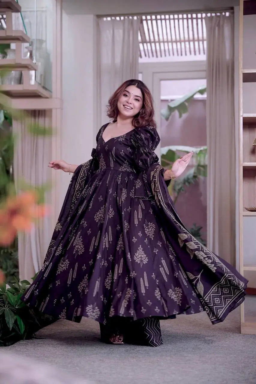 Indigo Digital Print Anarkali with Puff Sleeves