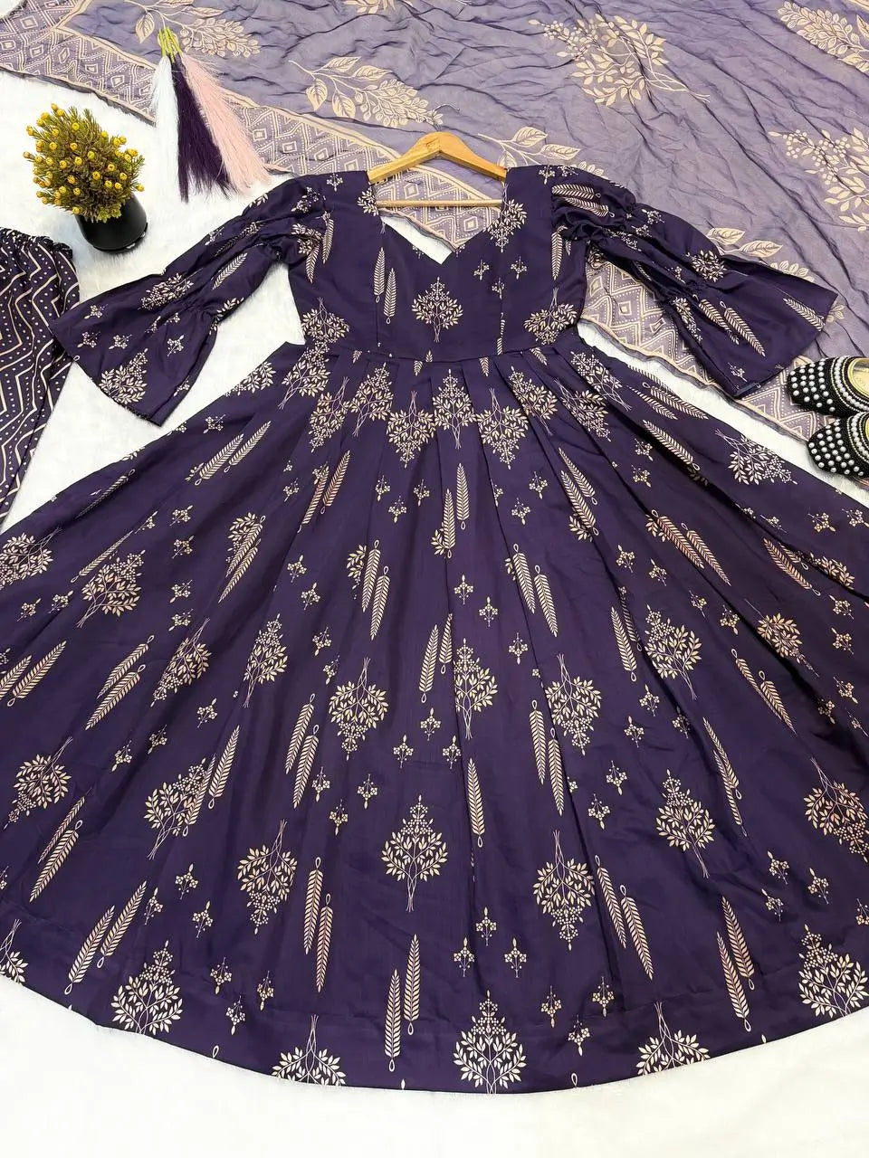 Indigo Digital Print Anarkali with Puff Sleeves