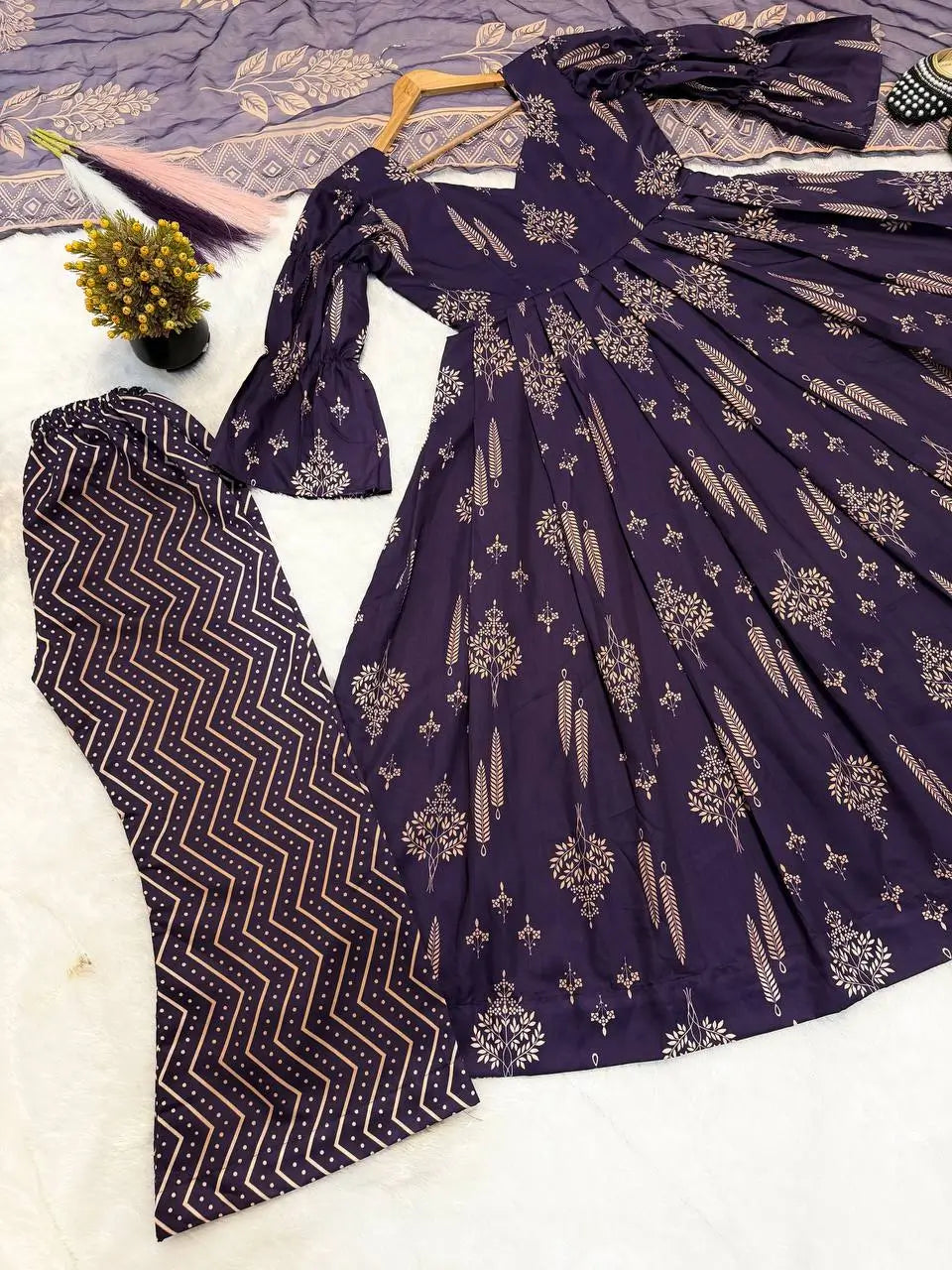 Indigo Digital Print Anarkali with Puff Sleeves