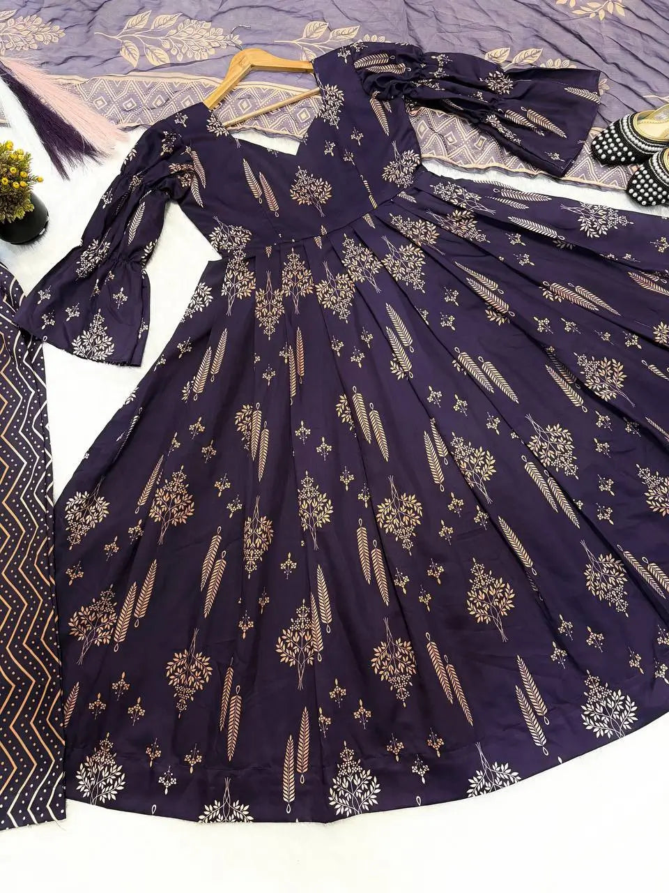 Indigo Digital Print Anarkali with Puff Sleeves