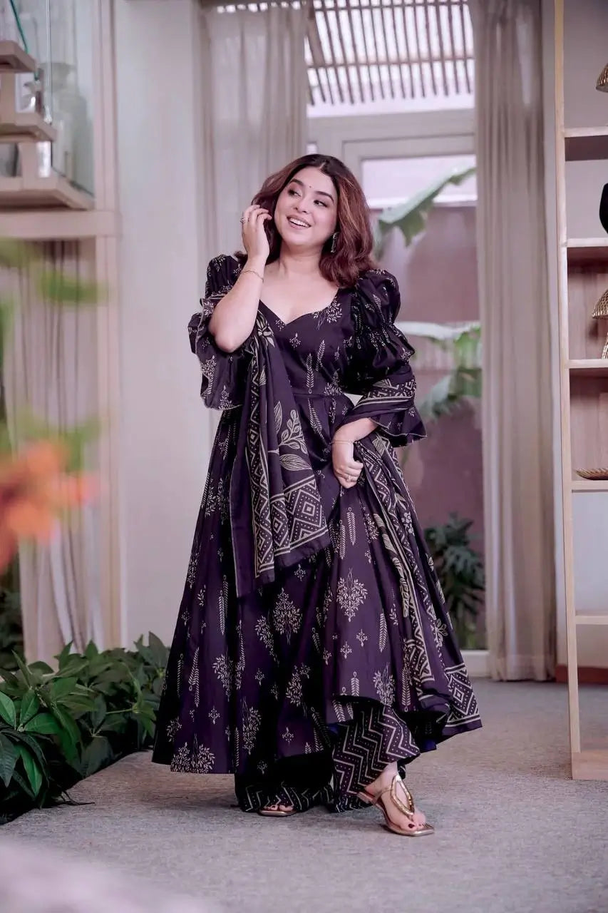 Indigo Digital Print Anarkali with Puff Sleeves