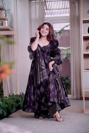 Indigo Digital Print Anarkali with Puff Sleeves