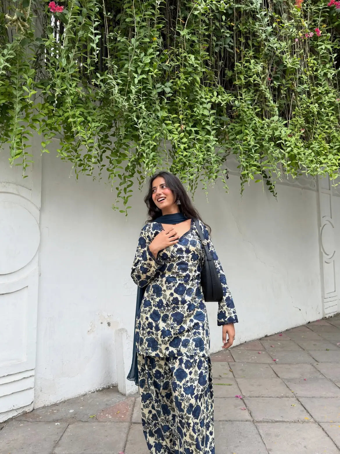Indigo Floral Farshi Suit