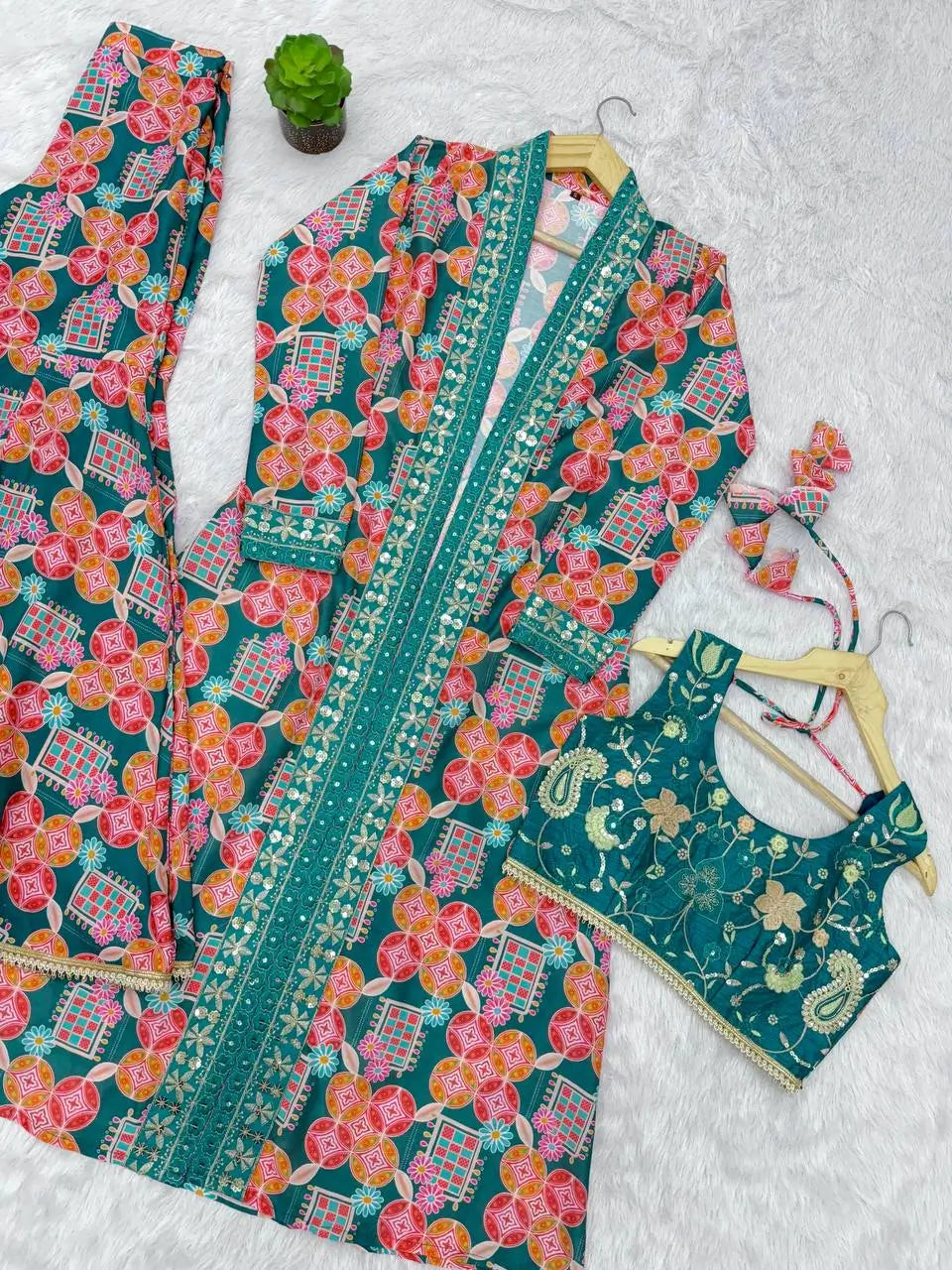 Indo Western Muslin Digital Print Embroidered Koti Sharara Set