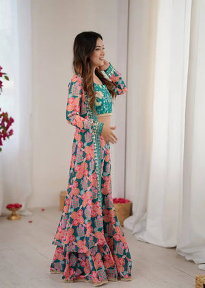 Indo Western Muslin Digital Print Embroidered Koti Sharara Set