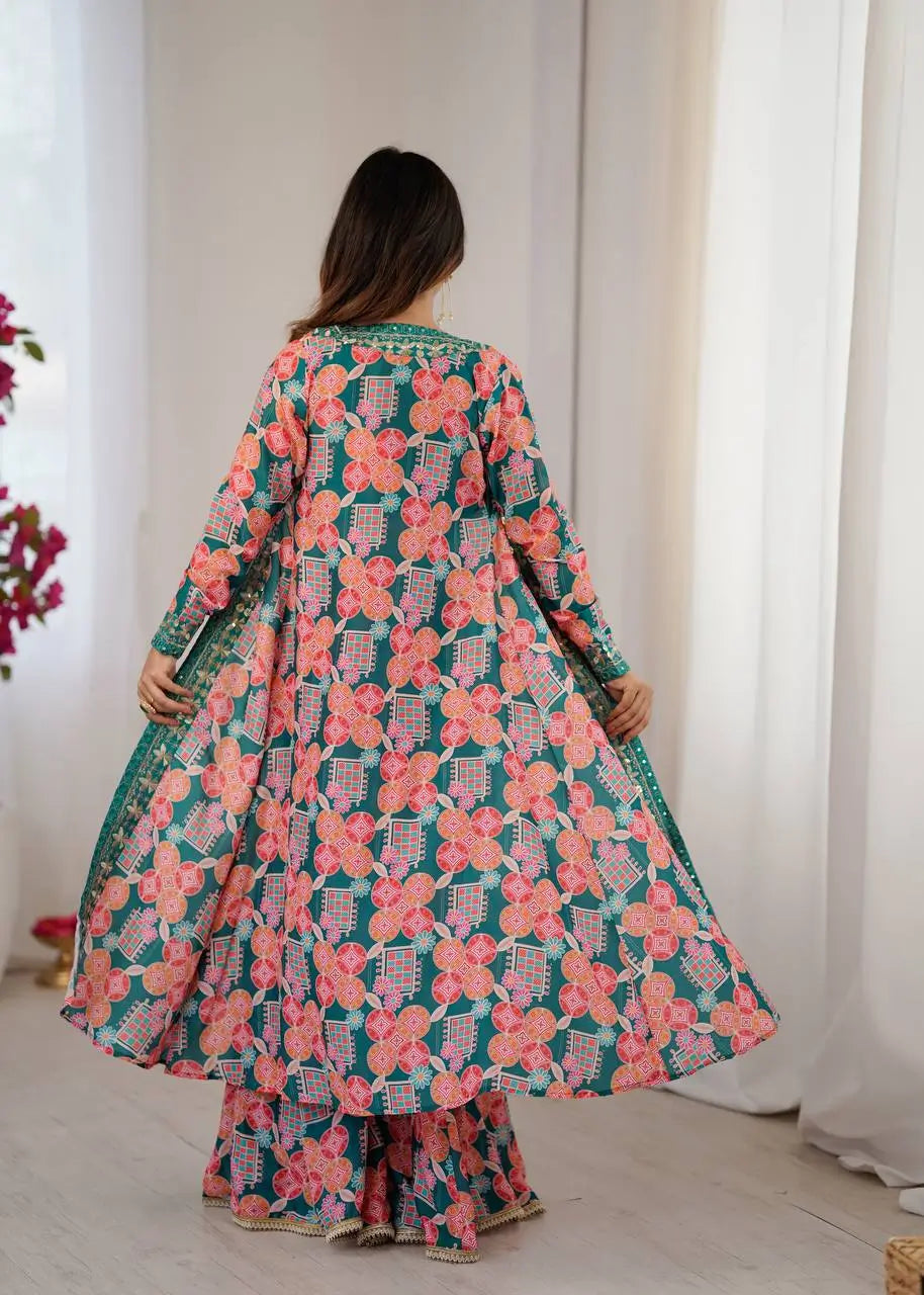 Indo Western Muslin Digital Print Embroidered Koti Sharara Set